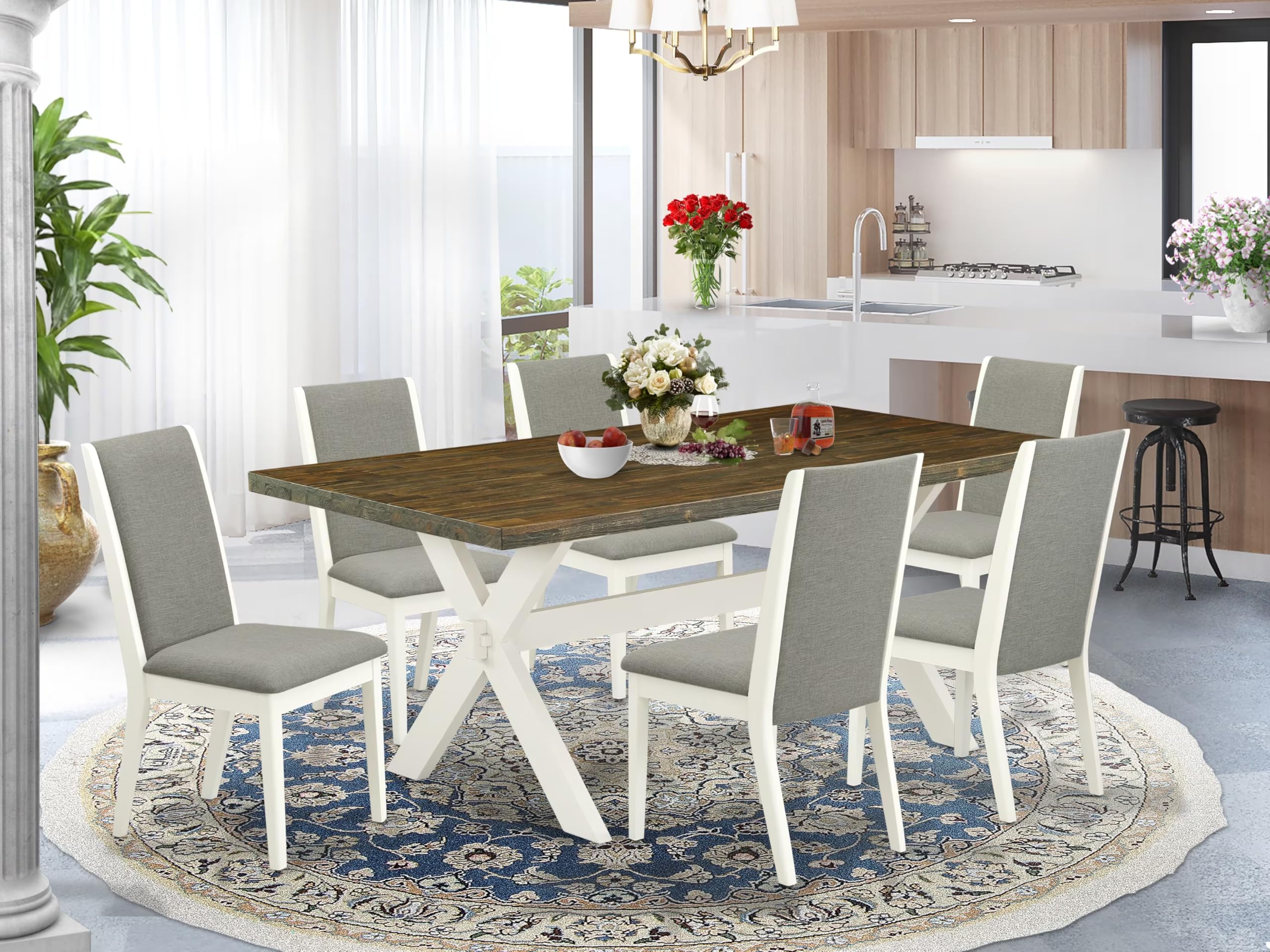 East West Furniture X077La206-7 7 Piece Modern Dining Table Set Consist Of A Rectangle Wooden Table With X-Legs And 6 Shitake Linen Fabric Upholstered Chairs, 40X72 Inch, Multi-Color